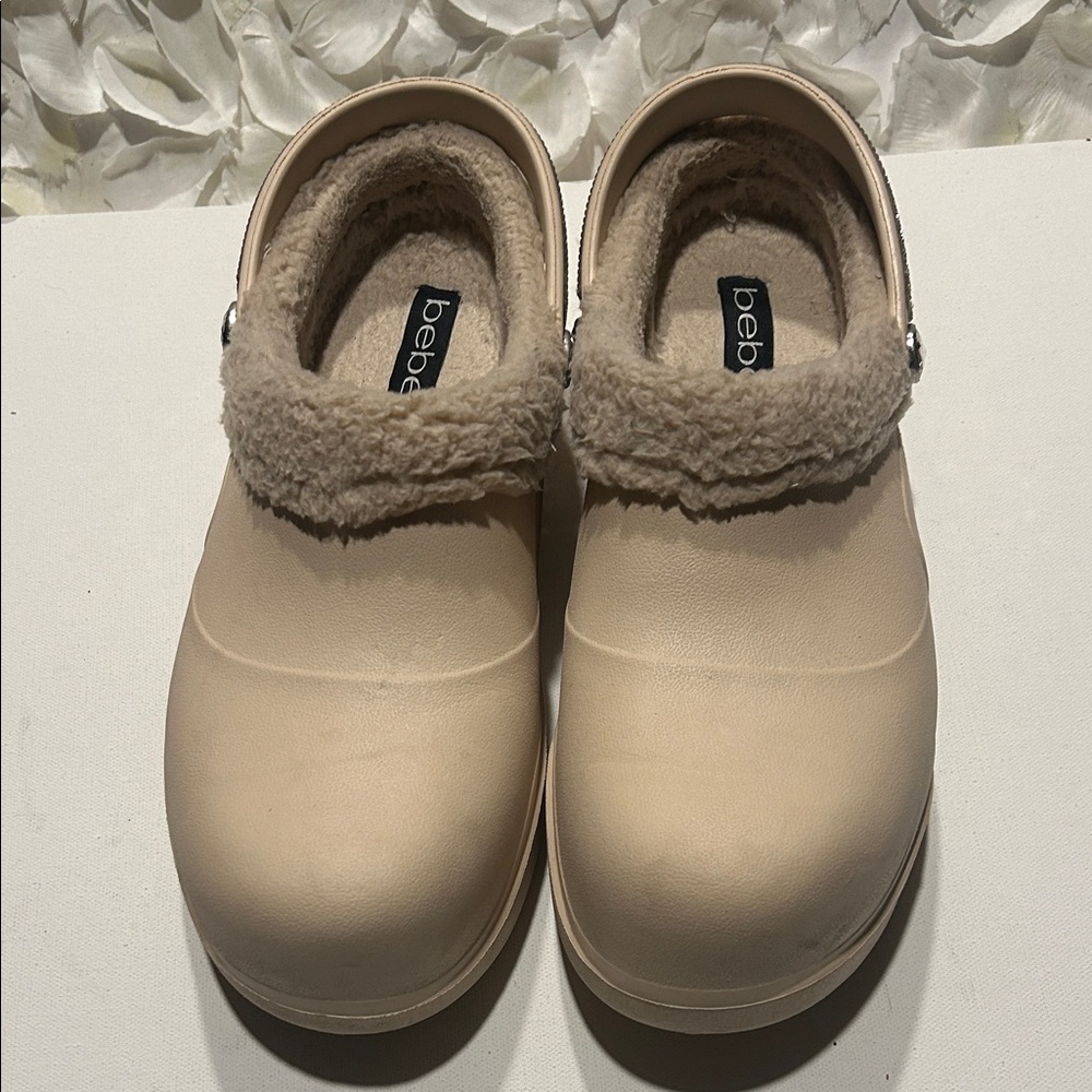 bebe Faux-Shearling Clog Mules in Beige